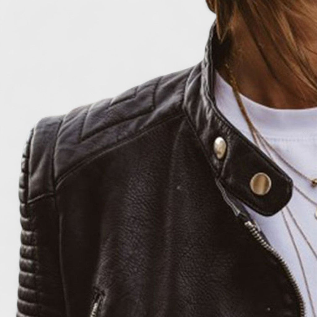Women's Faux Leather Jacket with Zippered Pockets