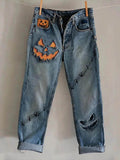 Women's Halloween Pumpkin Print Mid-Rise Ankle-Length Pants