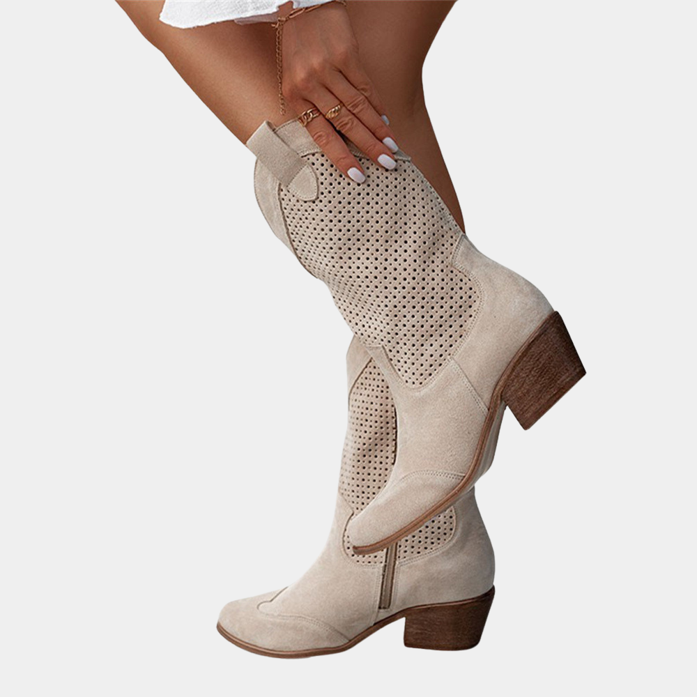 Women's Mid-Calf Perforated Shaft Block Heel Boots