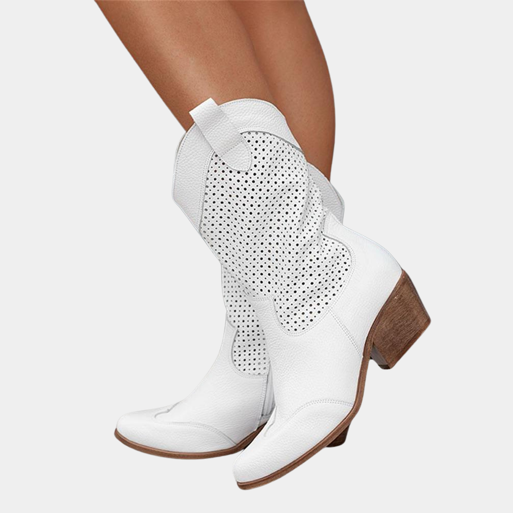 Women's Mid-Calf Perforated Shaft Block Heel Boots