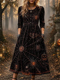 Women's Halloween Spider Web Bat Print Round Neck 3/4 Sleeve Maxi Dress