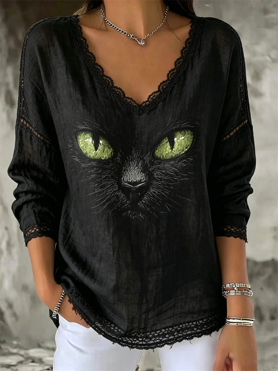 Women's Halloween Cat Face Print Lace V-Neck Long Sleeve Blouse