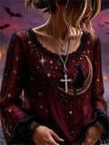 Women's Halloween Cat Moon Blouse Burgundy