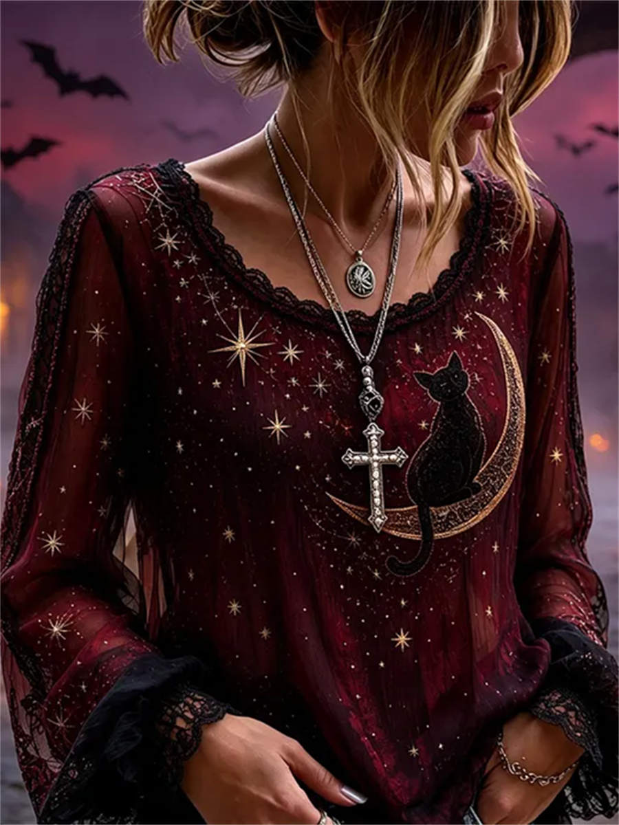 Women's Halloween Cat Moon Blouse Burgundy