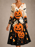 Women's Halloween Pumpkin Ghost Print V-Neck Long Sleeve Midi Dress