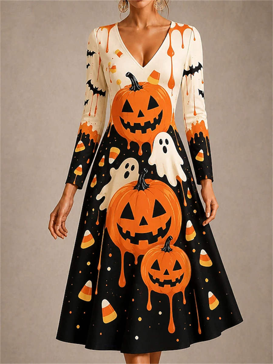 Women's Halloween Pumpkin Ghost Print V-Neck Long Sleeve Midi Dress