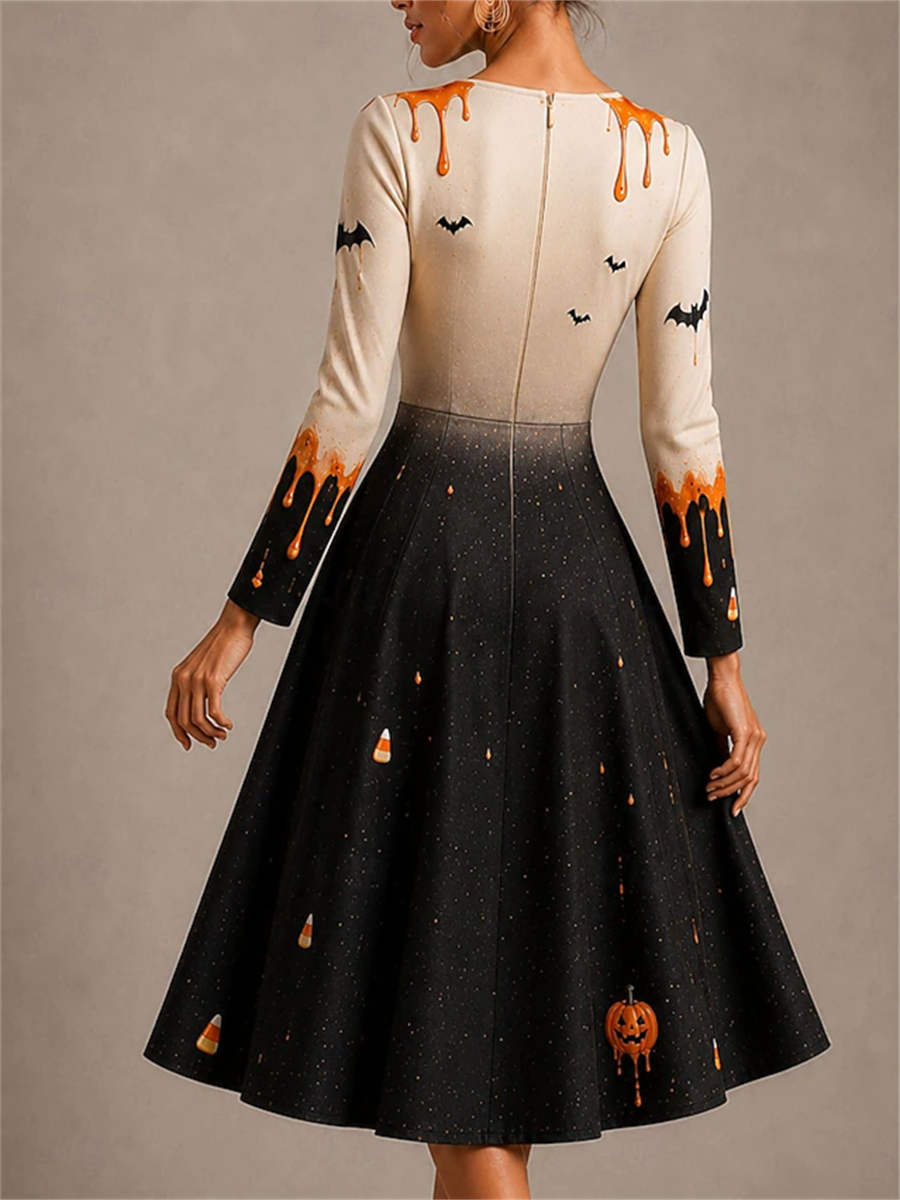 Women's Halloween Pumpkin Ghost Print V-Neck Long Sleeve Midi Dress