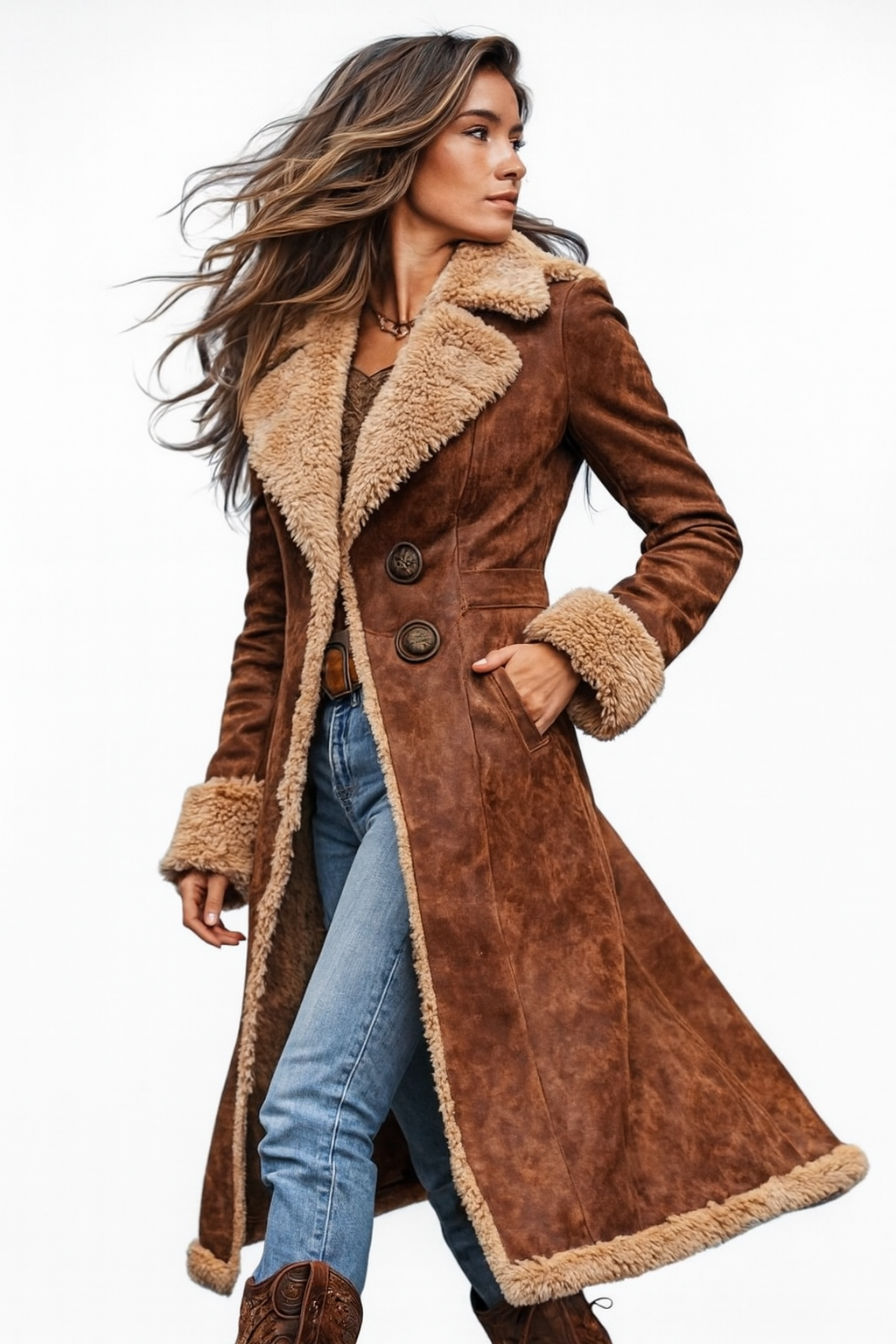 Women's Vintage-Inspired Faux-Suede Long Coat