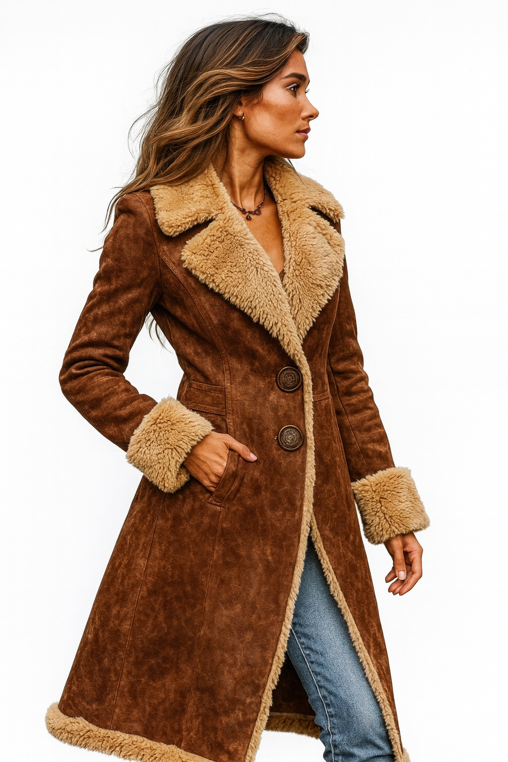 Women's Vintage-Inspired Faux-Suede Long Coat