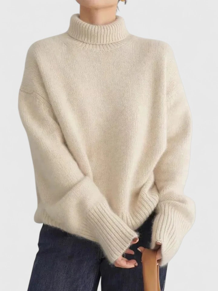 High Collar Knit Pullover - Beige back