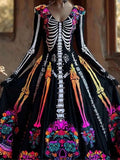 Women's Halloween Skeleton Floral Print V-Neck Long Sleeve Maxi Dress