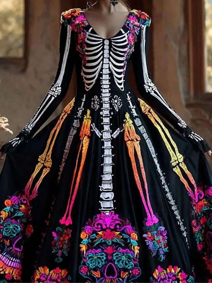 Women's Halloween Skeleton Floral Print V-Neck Long Sleeve Maxi Dress
