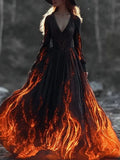 Women's Halloween Flame Print V-Neck Long Sleeve Maxi Dress