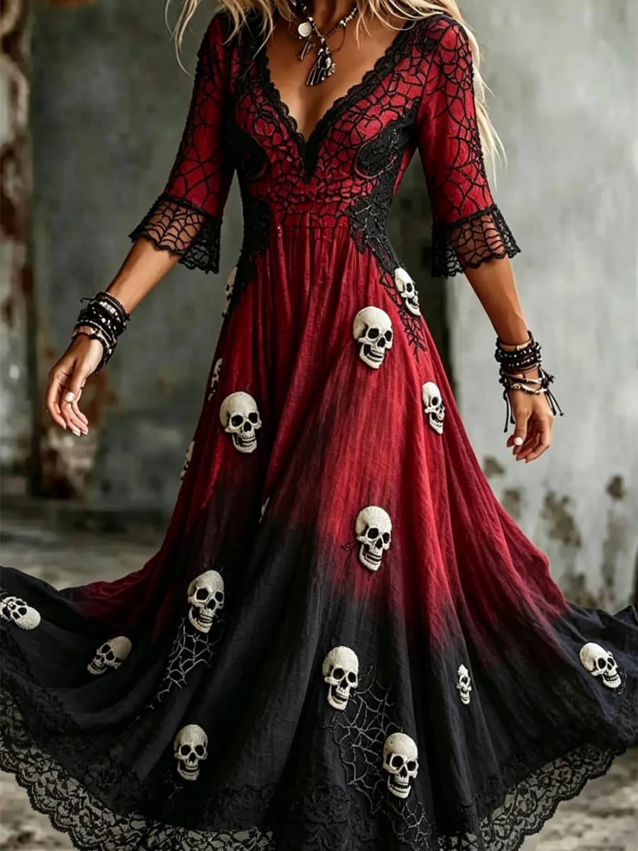 Women's Halloween Skull Print V-Neck 3/4 Sleeve Maxi Dress