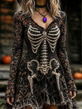 Women's Halloween Skeleton Print V-Neck Long Sleeve Mini Dress