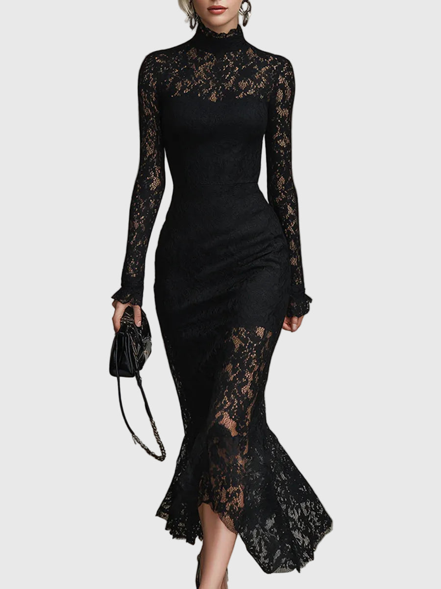 Monica Lace Fishtail Maxi Dress Black