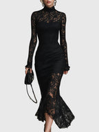 Monica Lace Fishtail Maxi Dress Black