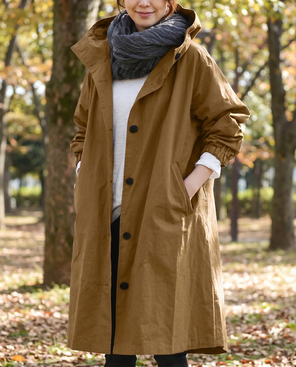 Hooded Trench Coat - Light Gray
