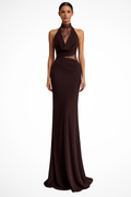 Women's halter lace panel maxi dress in red brown - front