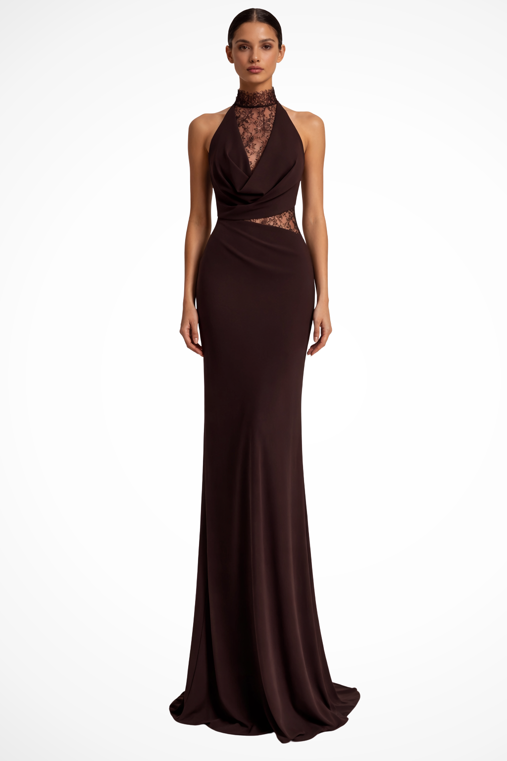 Women's halter lace panel maxi dress in red brown - front