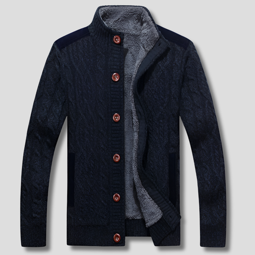 Men's Cable-Knit Cardigan with Plush Lining and Button Front