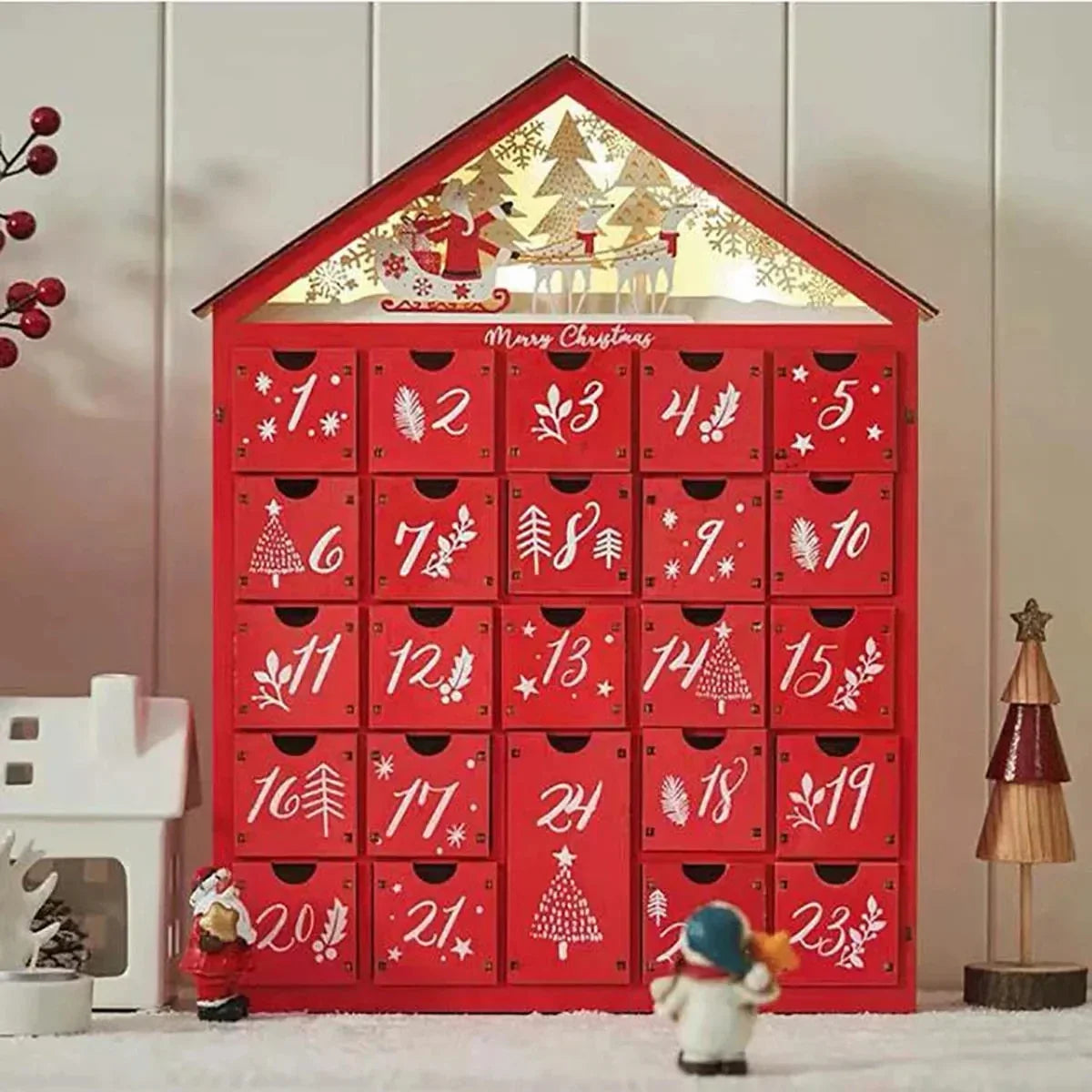 Wooden Advent Calendar with 24 Drawers and LED Lighting