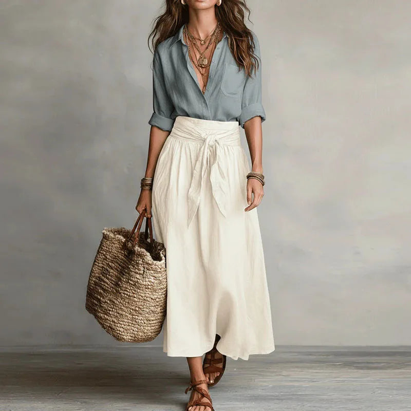 Button-Down Blouse and Midi Skirt Set - Grey White
