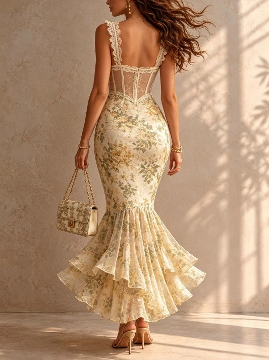 Women's Sequin Sweetheart Neck Mermaid Maxi Dress with Ruffle Hem