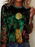 Women's Halloween Witch Moon Print Round Neck Long Sleeve Blouse