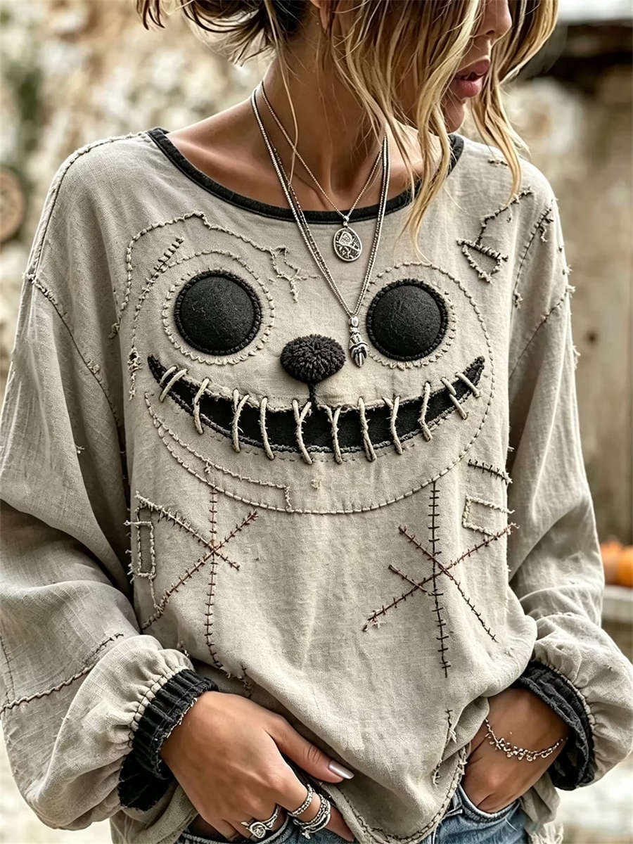 Women's Halloween Ghost Face Print Round Neck Long Sleeve Blouse