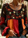 Women's Halloween Pumpkin Embroidery Patchwork Long Sleeve Blouse