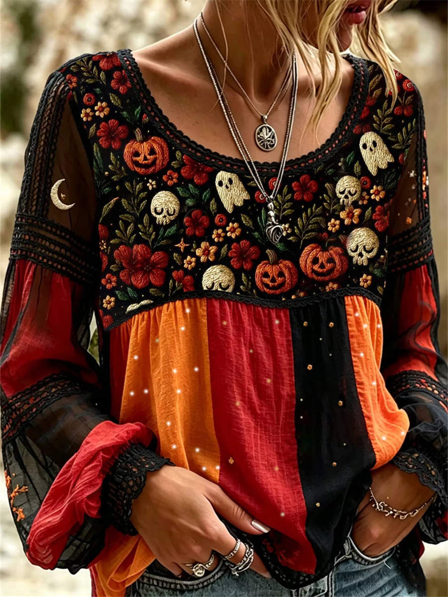Women's Halloween Pumpkin Embroidery Patchwork Long Sleeve Blouse