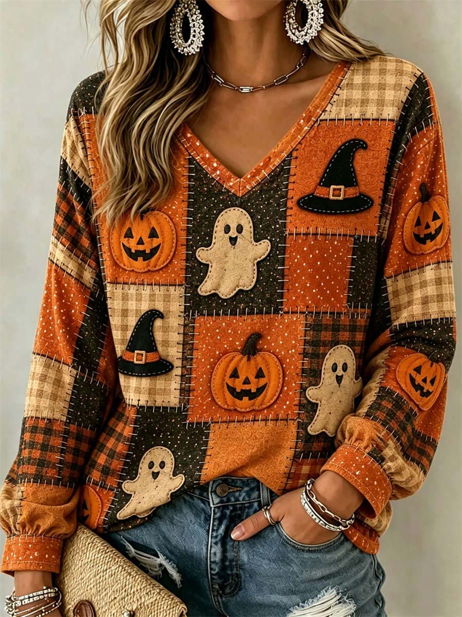 Women's Halloween Ghost Pumpkin Top Multi