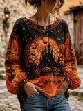 Women's Halloween Pumpkin Castle Print Round Neck Blouse