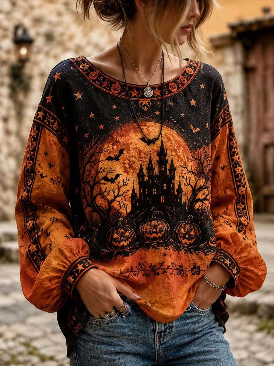 Women's Halloween Pumpkin Castle Print Round Neck Blouse