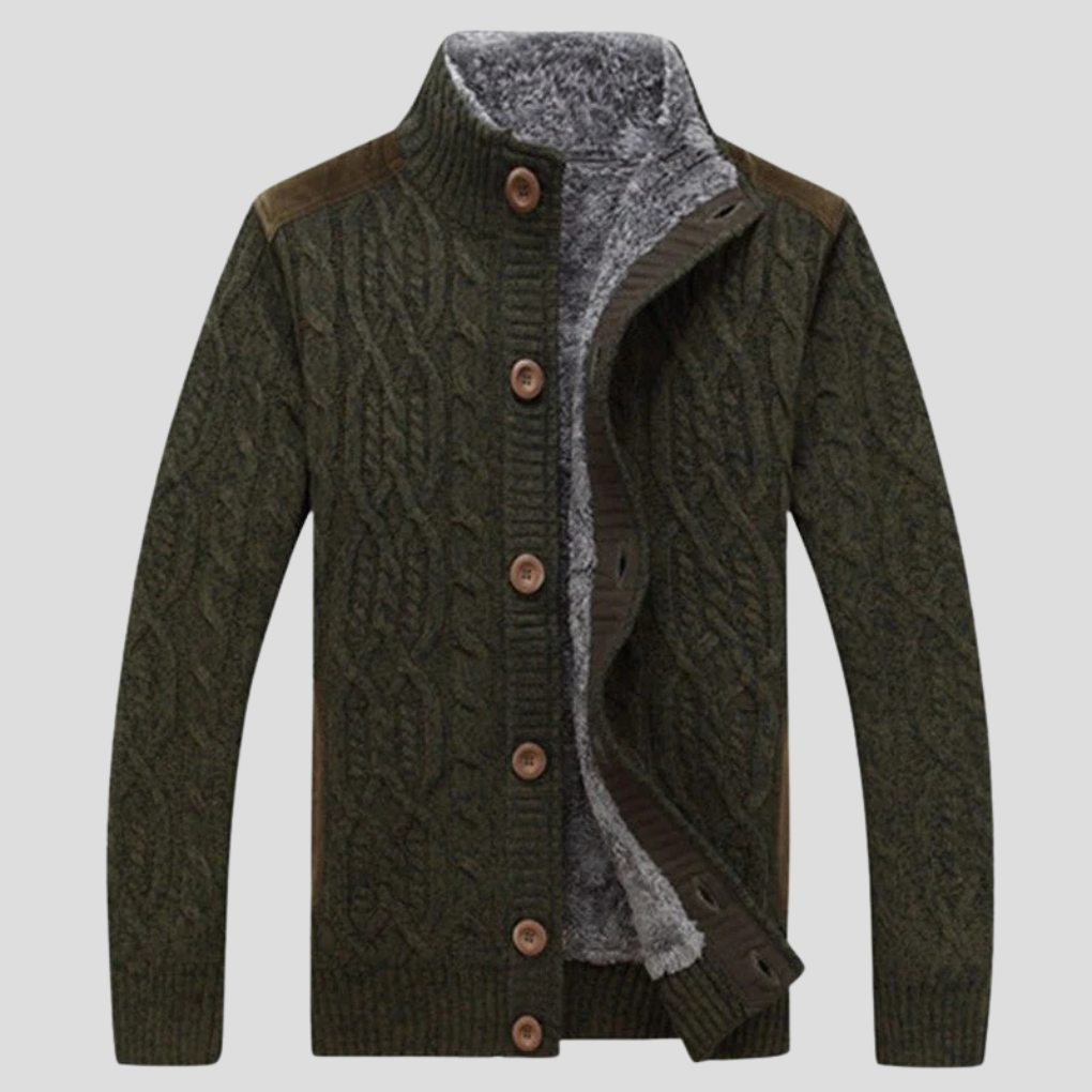 Men's Cable-Knit Cardigan with Plush Lining and Button Front