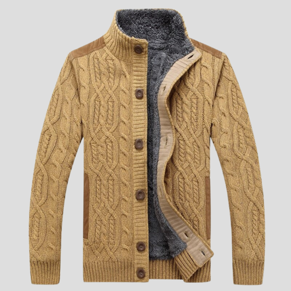 Men's Cable-Knit Cardigan with Plush Lining and Button Front