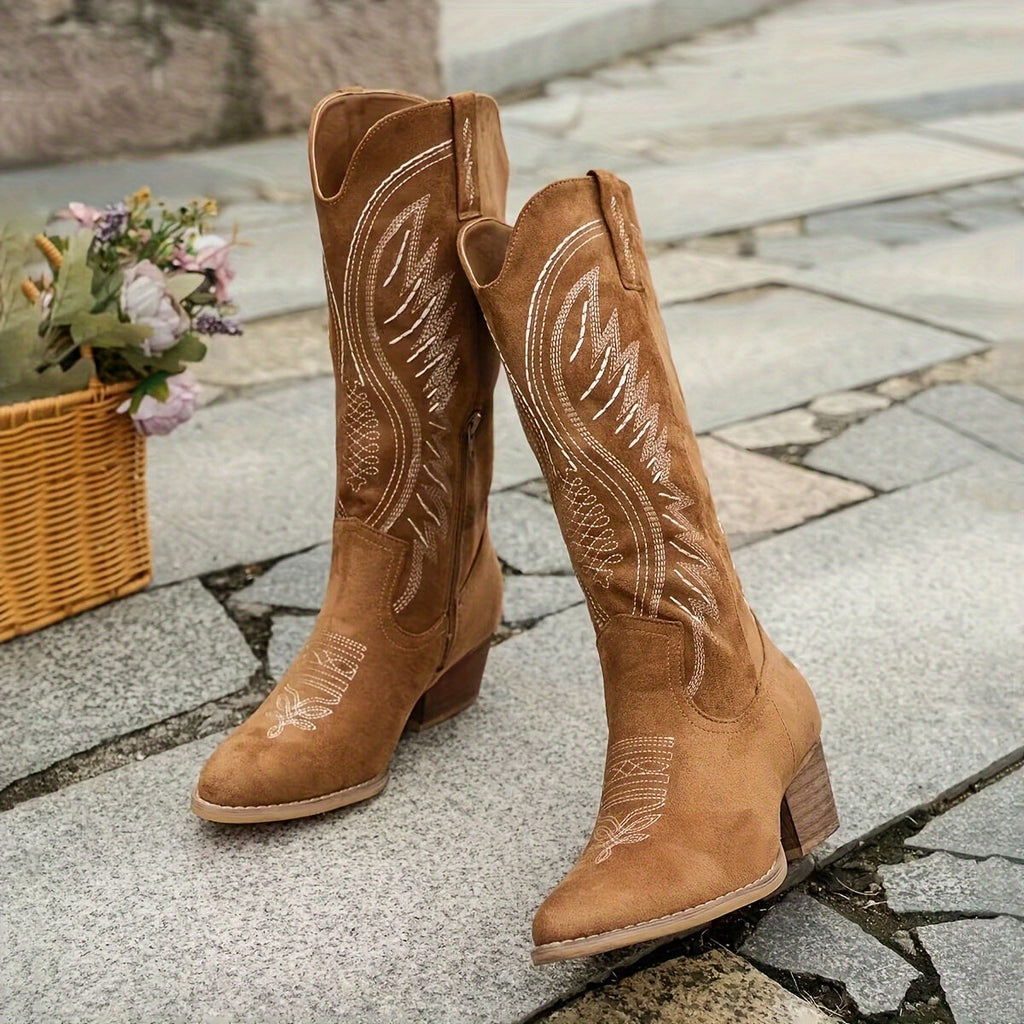 Women's Knee-High Western Boots with Embroidered Shaft