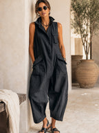 Women's Collared Sleeveless Woven Jumpsuit with Wide Leg - Black Full