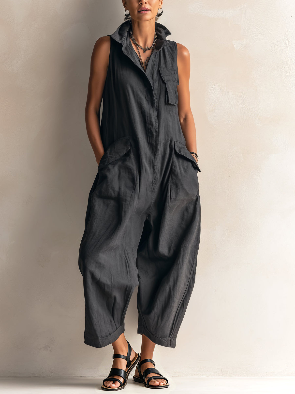 Women's Collared Sleeveless Woven Jumpsuit with Wide Leg - Black Front