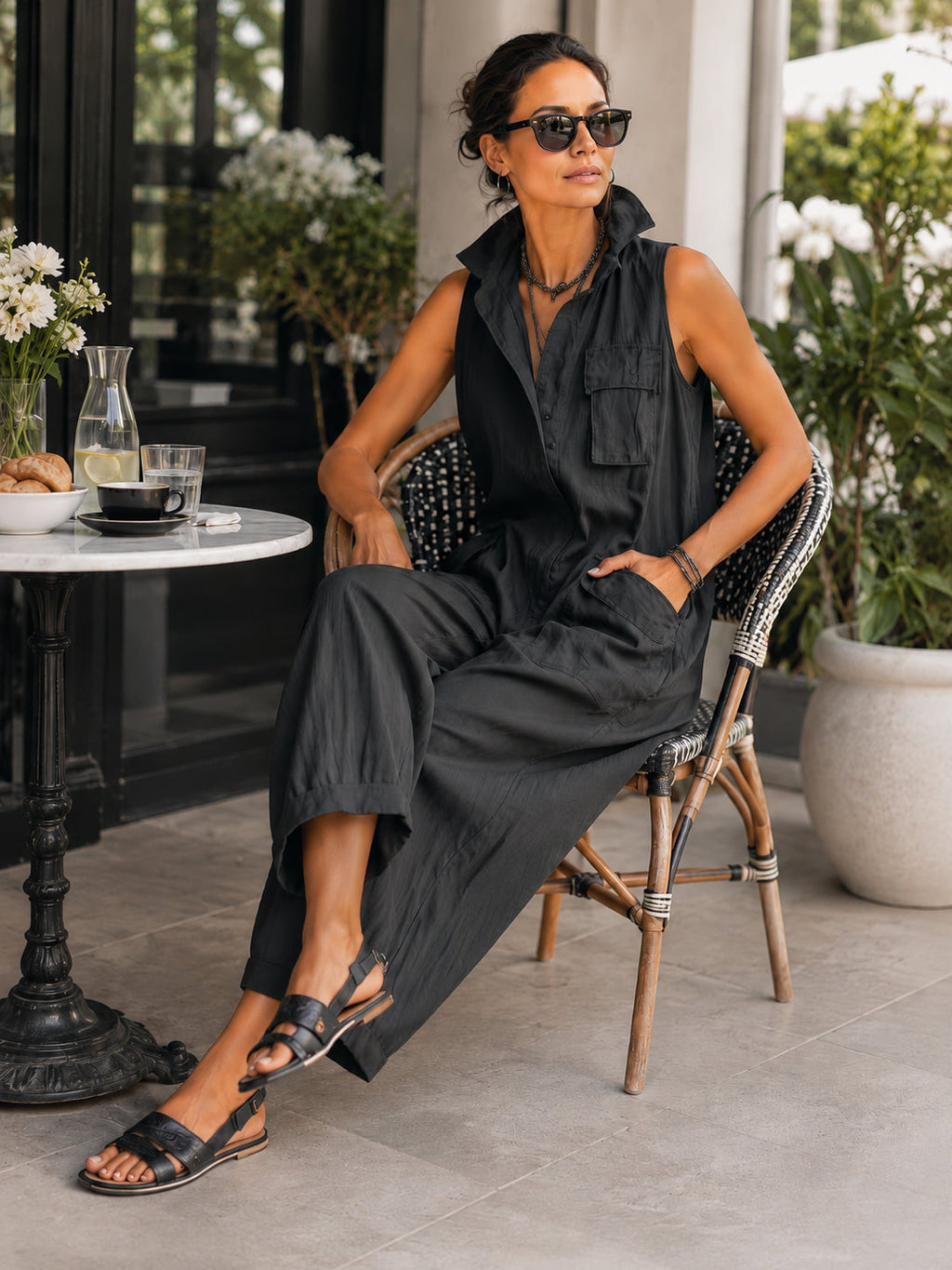 Women's Collared Sleeveless Woven Jumpsuit with Wide Leg - Black Side