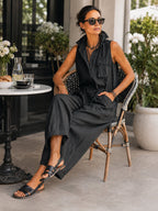 Women's Collared Sleeveless Woven Jumpsuit with Wide Leg - Black Side