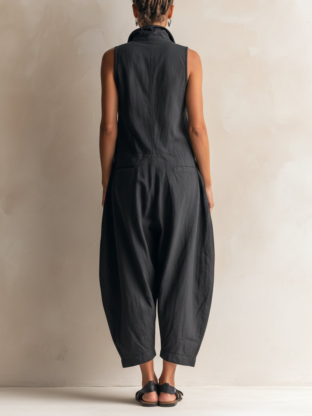 Women's Collared Sleeveless Woven Jumpsuit with Wide Leg - Black Detail