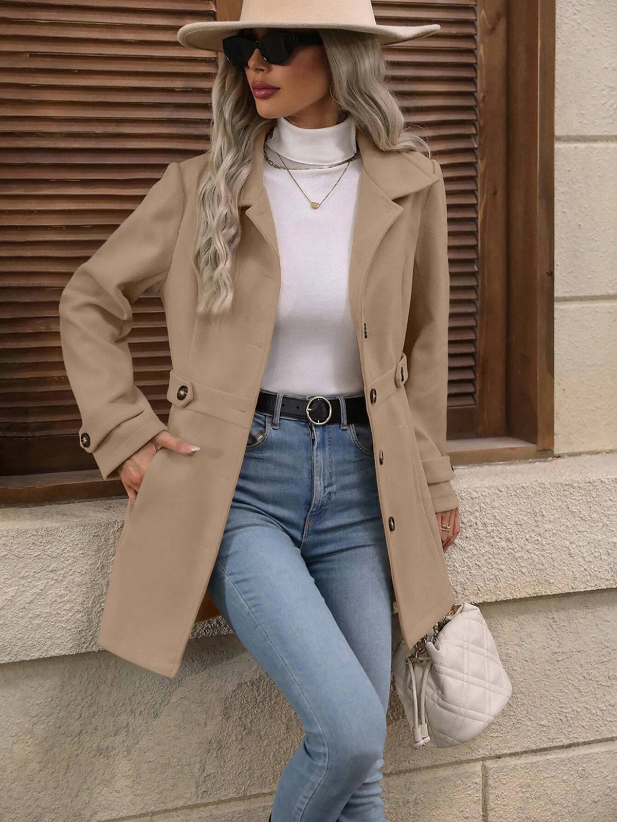 Women's Tailored Belted City Coat with Notch Collar