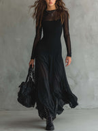 Women's Fitted Black Mini Dress with Square Neckline and Cap Sleeves - Black - Front View