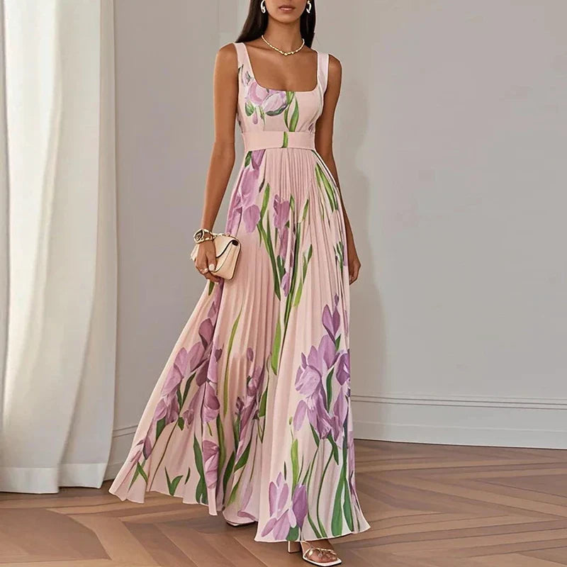 Women's floral square neck maxi dress in pink & purple