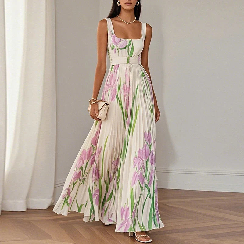 Women's floral square neck maxi dress in apricot & purple