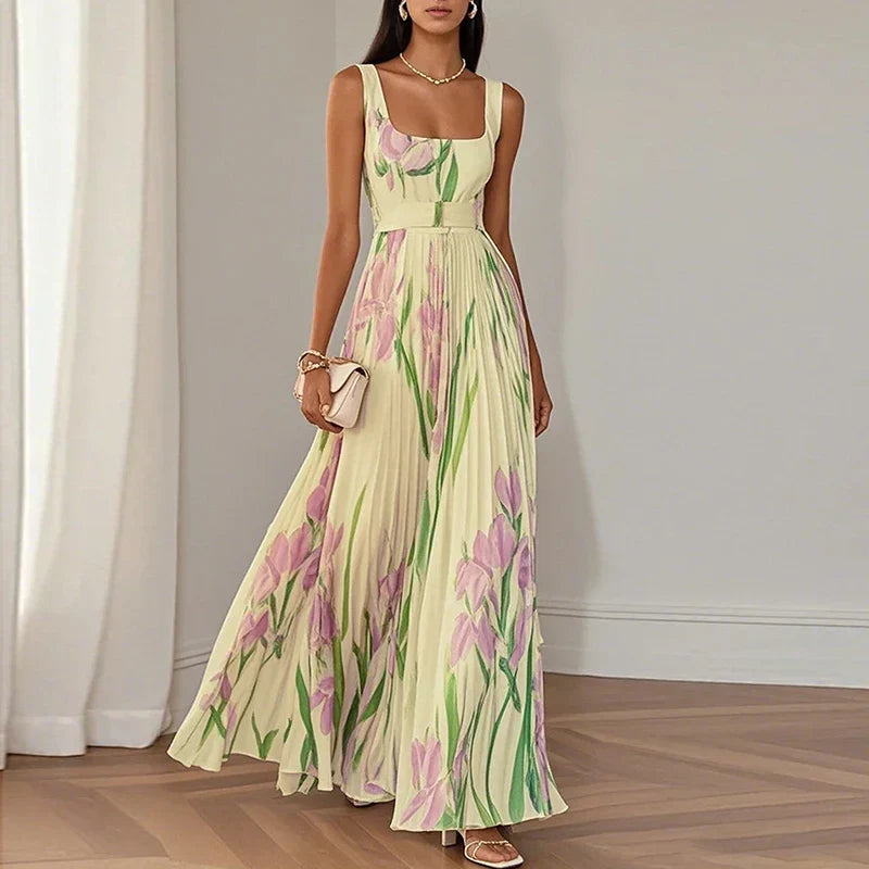 Women's floral square neck maxi dress in yellow & pink