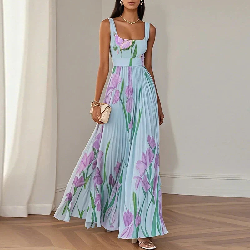 Women's floral square neck maxi dress in blue & purple