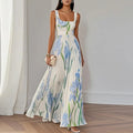 Women's floral square neck maxi dress in white & blue